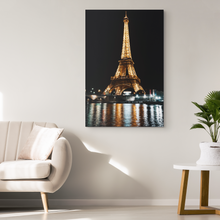 Load image into Gallery viewer, Eiffel Tower at Night with Water Reflections, Photo on Canvas
