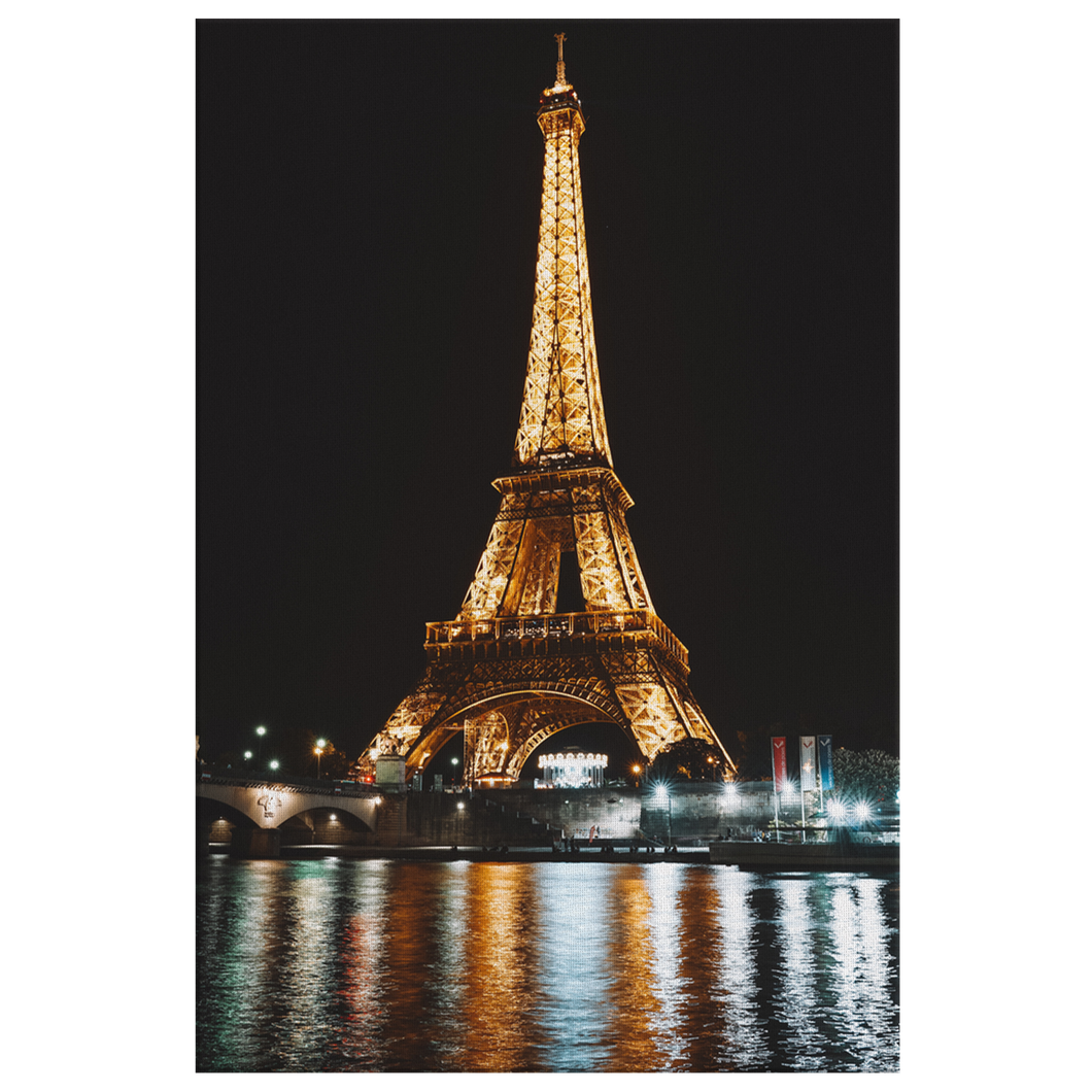 Eiffel Tower at Night with Water Reflections, Photo on Canvas